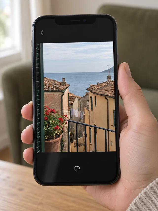 Hand holding a phone displaying a coastal holiday photo